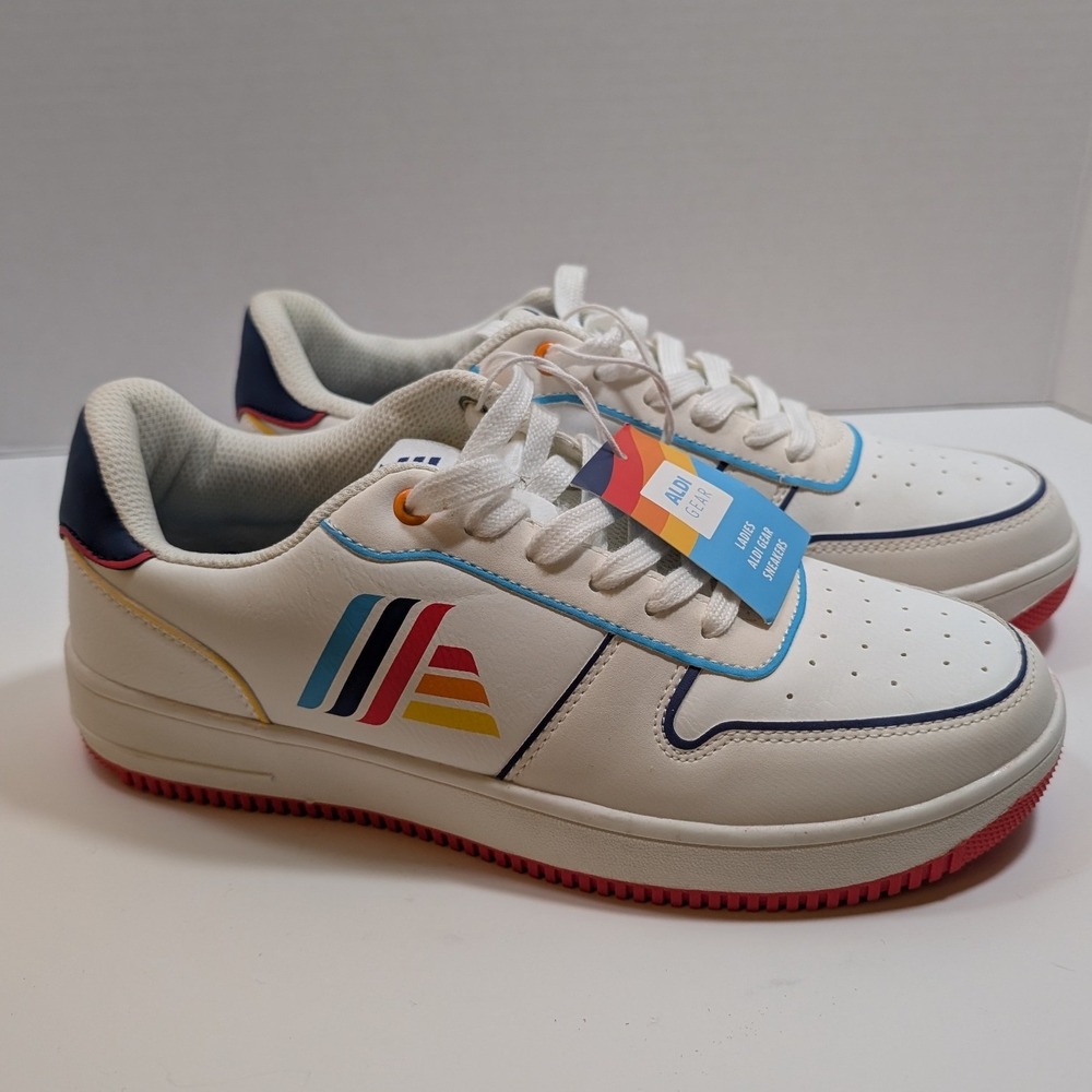 NEW Aldi Gear Sneakers White Retro Rainbow Striped Athletic Womens 10 Viral
